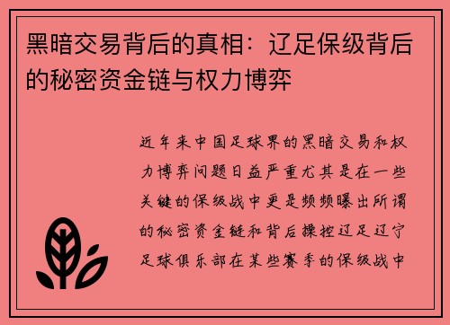 黑暗交易背后的真相：辽足保级背后的秘密资金链与权力博弈
