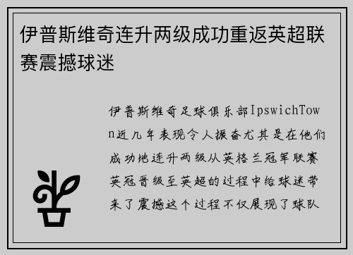 伊普斯维奇连升两级成功重返英超联赛震撼球迷